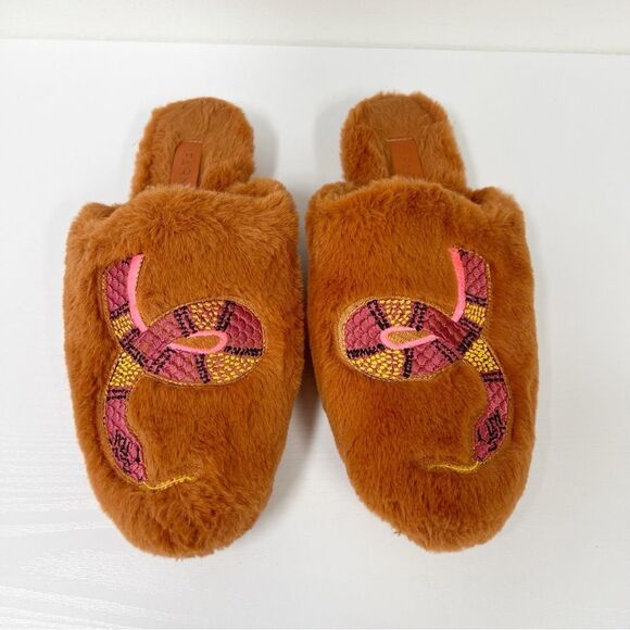 Farm Rio Rust Bright Elements Snake Embroidered Fuzzy Slide Slippers 6 - Picture 1 of 6